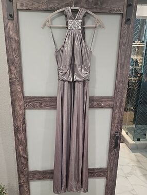 White House Black Market Metallic Silver Halter Evening Gown